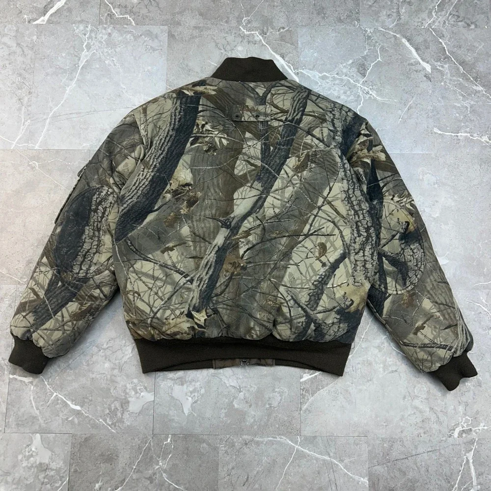 Cabelas Real Tree Hardwoods Camo Bomber Jacket Men Small Goose Down Hunting Coat